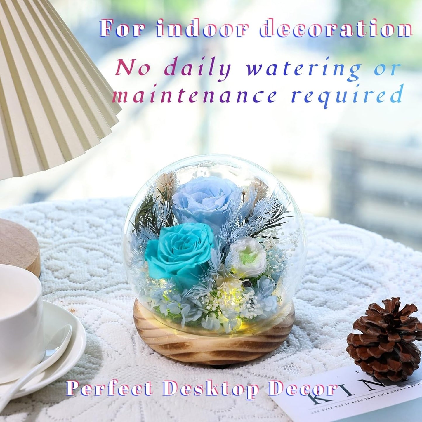 Long-lasting real flowers，Preserved Rose in Glass Dome with Hydrangea and LED Light，Roses Gifts for Women Mom Her Grandma on Mothers Day Birthday Valentines Day Christmas Thanksgiving(Aqua&Blue Rose)