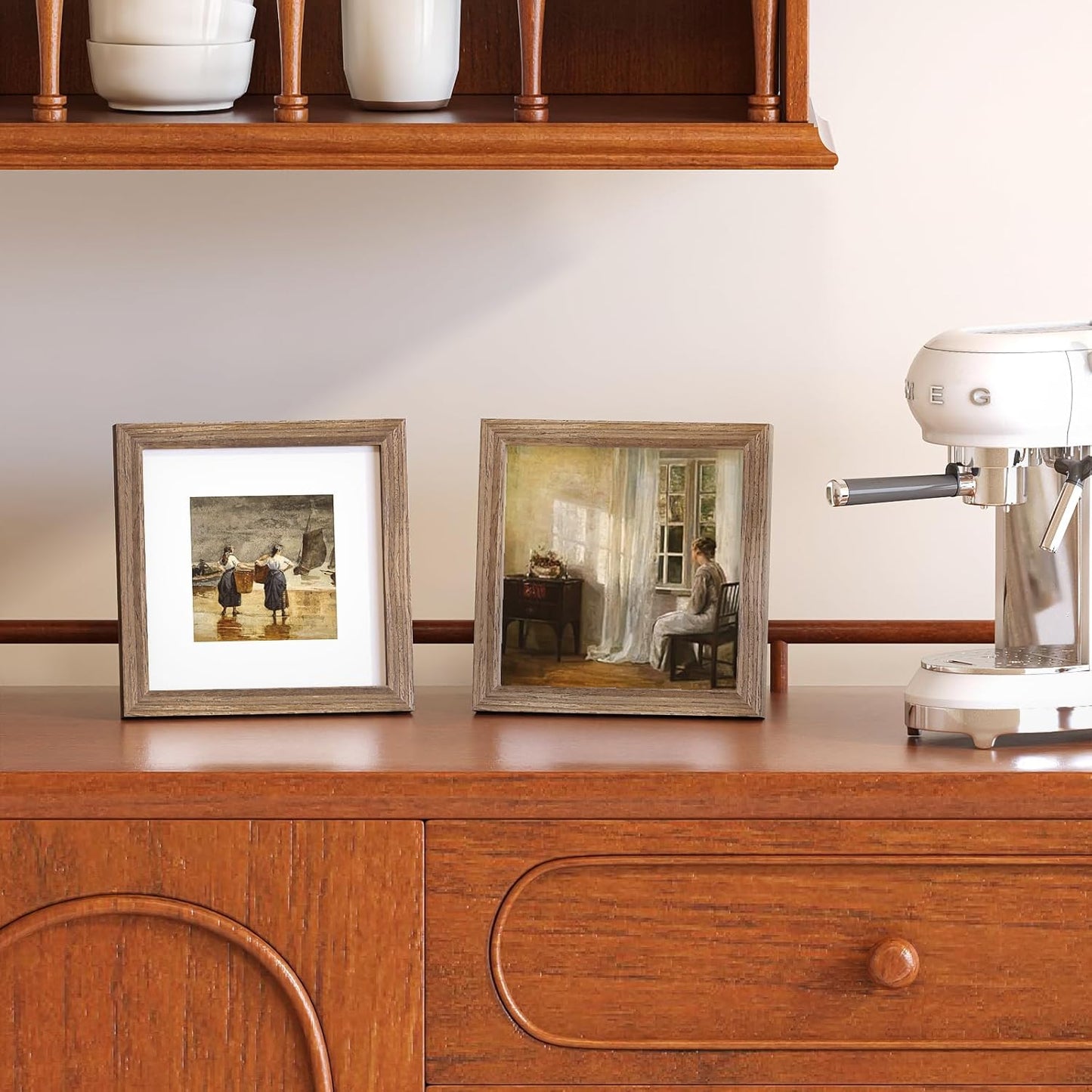 KINLINK 7x7 Picture Frame, Brown Square Solid Wood Frames for Pictures 4x4 with Mat or 7x7 without Mat, Wall and Tabletop Display Photo Frames Brown Wood 4 Pack