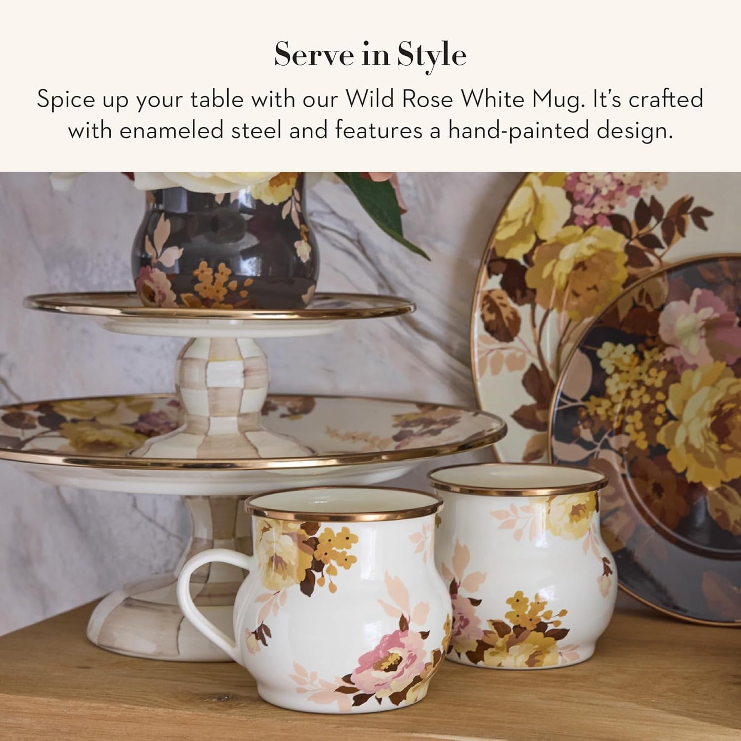 MACKENZIE-CHILDS Enamel Mug, Cute Enamelware Tea or Coffee Mug, Wild Rose White