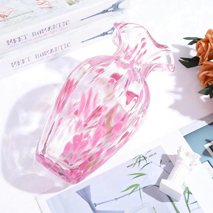 Hand Blown Pink Glass vase-8.7 inch Tall, Modern Art Wide Mouth Glass vase for Living Room, Wedding, Dining Table, Office Center Table Display Flower
