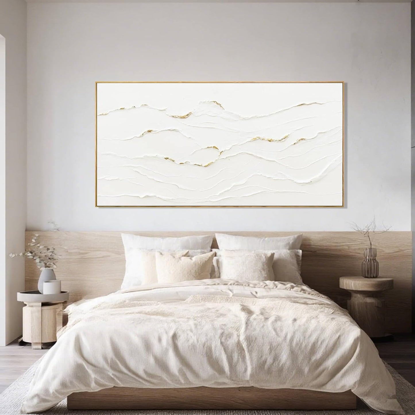 Large Wavy Line White Abstract Wall Art with Frame Minimalist Modern Hand drawn Painting Textured Poster for Living Room Dining Room Bedroom Decor 29"x58"