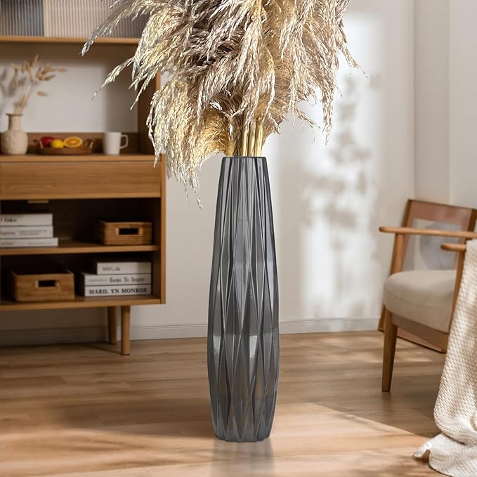 Silvery Ceramic Tall Floor Vase,24 Inch Large Modern Flower Vases for Home Décor,Wicker Big Floor Vase Decorations for Farmhouse, Living Room,Bedroom,Standing Plastic Vase Decorative Tall