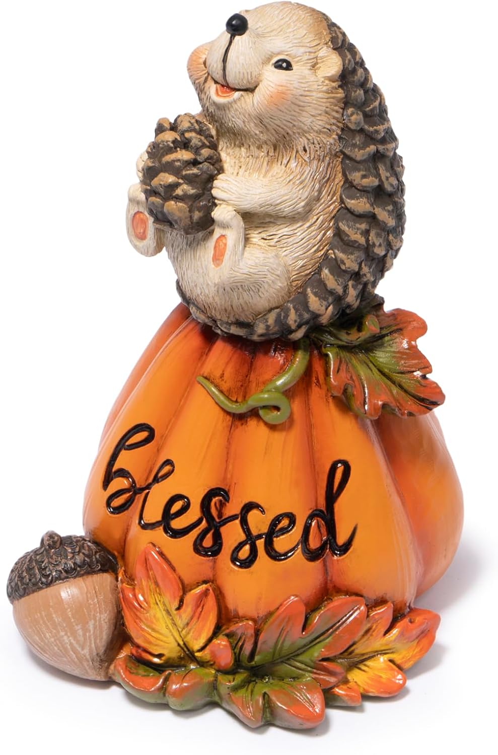 Hodao Blessed Pumpkin Hedgehog Figurine – Fall Harvest Festival Decor, Hedgehog Holding Corn – Thanksgiving Centerpiece, Autumn Home Decoration for Family Joy & Prayer (Orange-2)