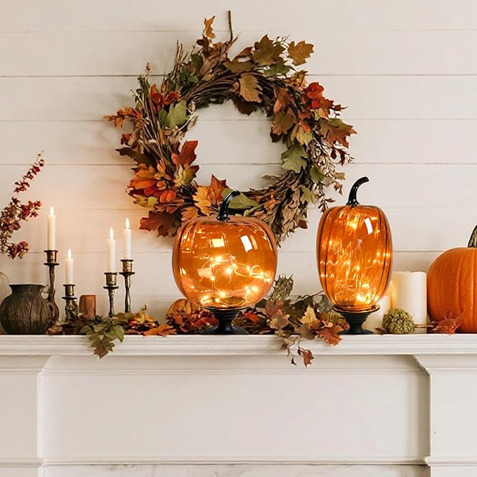 2 Pcs Glass Pumpkin Lights with Pedestal Fall Decor Pumpkins Decoration LED Lighted Collectible Thanksgiving Autumn Harvest Figurine Fall Halloween Decorations for Home Tables Centerpieces Decorative