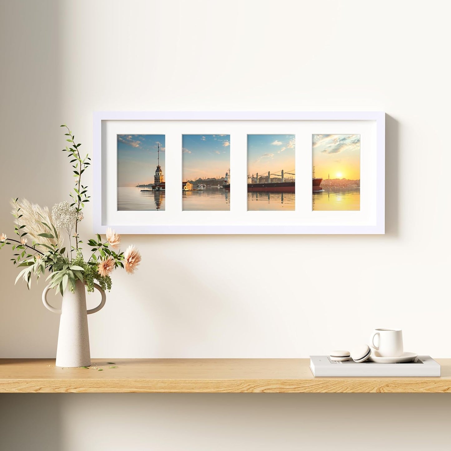 decorUhome 8x20 Picture Frames Collage Wall Decor, Display 4Pcs 4x6 Photos with Mat or 1Pcs 8x20 Unmatted, 4 4x6 Collage Picture Frames for Wall Mounting, White