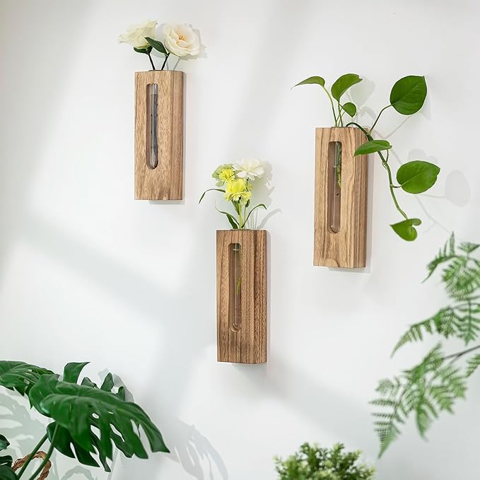 Wood Wall Vase Decor: Rustic Wooden Decor for Farmhouse Bathroom Kitchen Hallway - Hanging Plant Propagation Stations for Indoor Plants Dried Flowers Eucalyptus