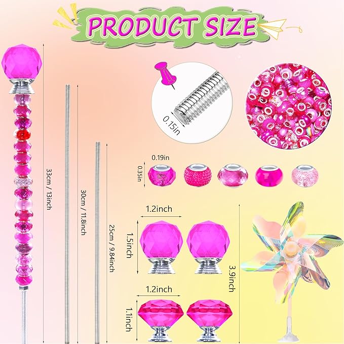 101 PCS Beaded Garden Stakes Kit, DIY Fairy Wand Garden Stake Beads Kits with Rose Red Large Hole Beads 4 Crystal Stopper Top Threaded Rods and 2 Colored Small Windmills for Outdoor Indoor Decor