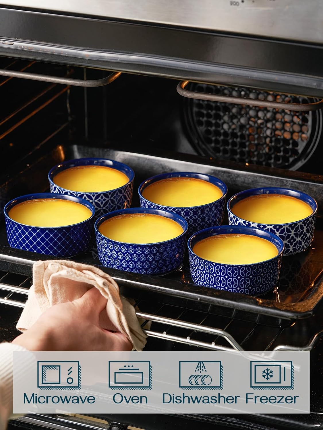 DOWAN Ramekins with Lids 4 oz, Ceramic Dipping Bowls with Lids, Small Oven Safe Baking Cups, For Personal Creme Brulee, Souffle, Custard, Ice Cream, Dipping Sauce Bowls, Set of 6, Vintage Blue