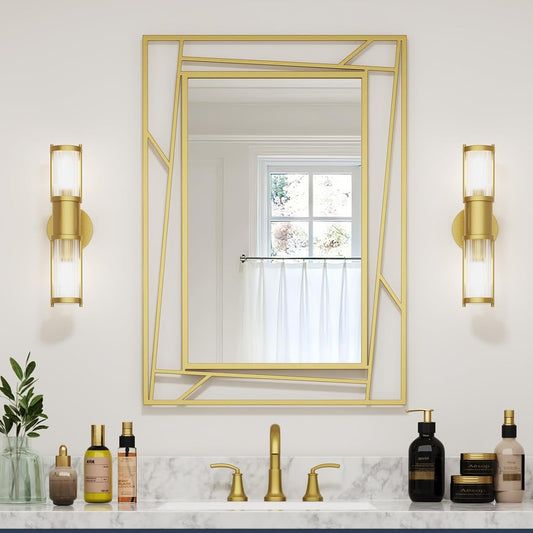 Gold Bathroom Mirror for Over Sink, 28''X20'' Brushed Gold Rectangle Bathroom Vanity Mirror with Geometric Metal Frame, Anti-Rust, Hang Horizontally or Vertically
