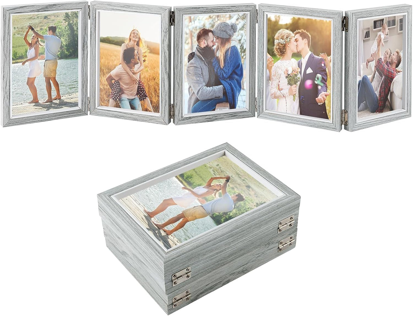 Biggun 5x7in 5 Folding Accordion Picture Frame - Foldable Hinged Collage Photo Frames for Tabletop Display Multiple Family Pictures Birthday Father's Day Gifts (Gray Blue)