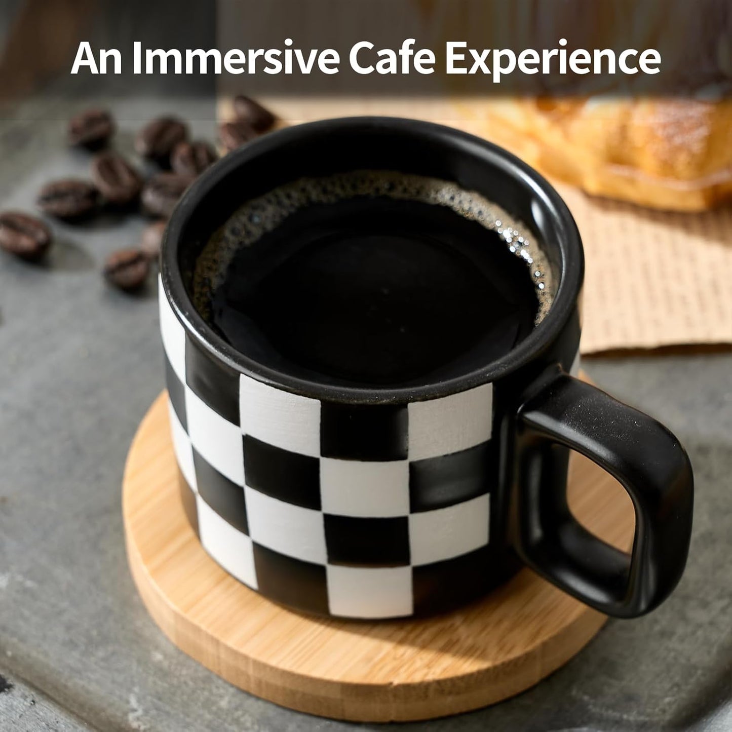 LUKA Porcelain Stackable Black and White Checkered Espresso Cups with Saucers and Metal Stand, 4 Ounce Small Ceramic Demitasse Cups Set for Coffee Drinks, Latte, Tea - Set of 4, Black Interior