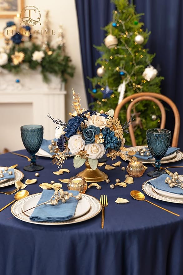 TINGE TIME Roses Artificial Flowers Blue Faux Flowers Bulk for DIY Bridal Wedding Bouquets Baby Shower Centerpiece Table Home Decorations(Navy Blue)