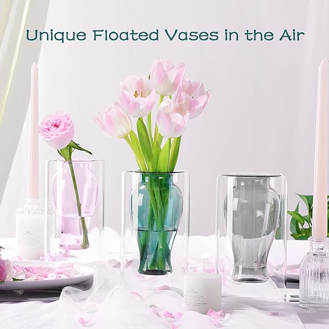 ZENS Unique Smokey Small Flower Vase, Modern Floating Decorative Vase, Double Hollow Cool Glass Hand Blown Bud Vase for Home Small Bouquet, Wedding Centerpieces