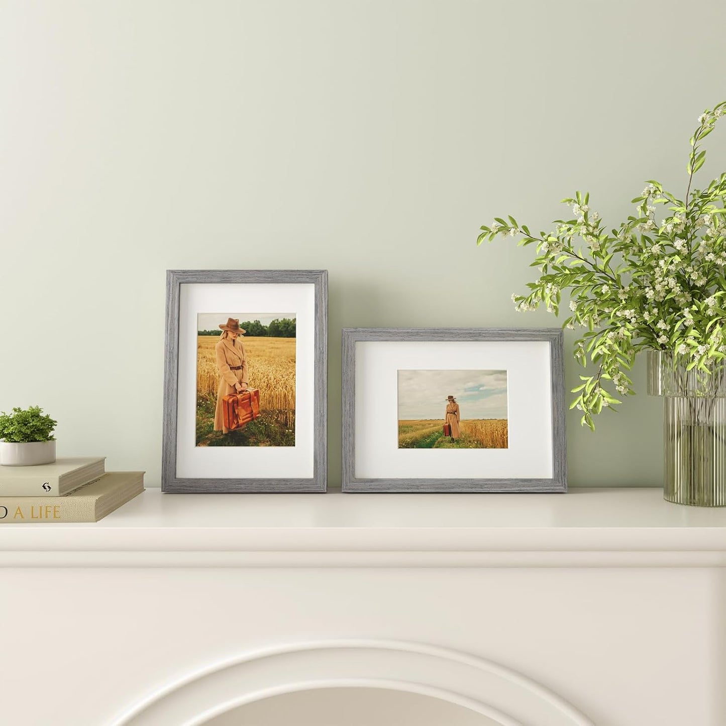 Egofine A4 Picture Frames Set of 4, Made of Solid Wood Covered by Plexiglass 4x6 and 6x8 with Mat or A4 without Mat, for Table Top Display and Wall Mounting Photo Frame Light Grey