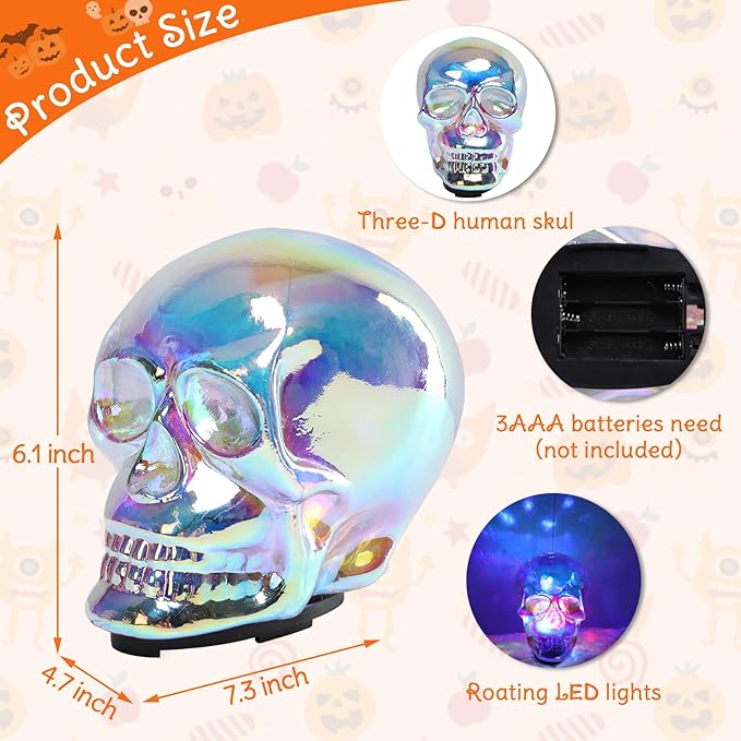 VCUTEKA Halloween Skull Human Light Indoor Decoration Skull Statue Halloween Sculptures with Colorful Light for Party Horror Decoration Holiday Decor Glass Figurines Gift