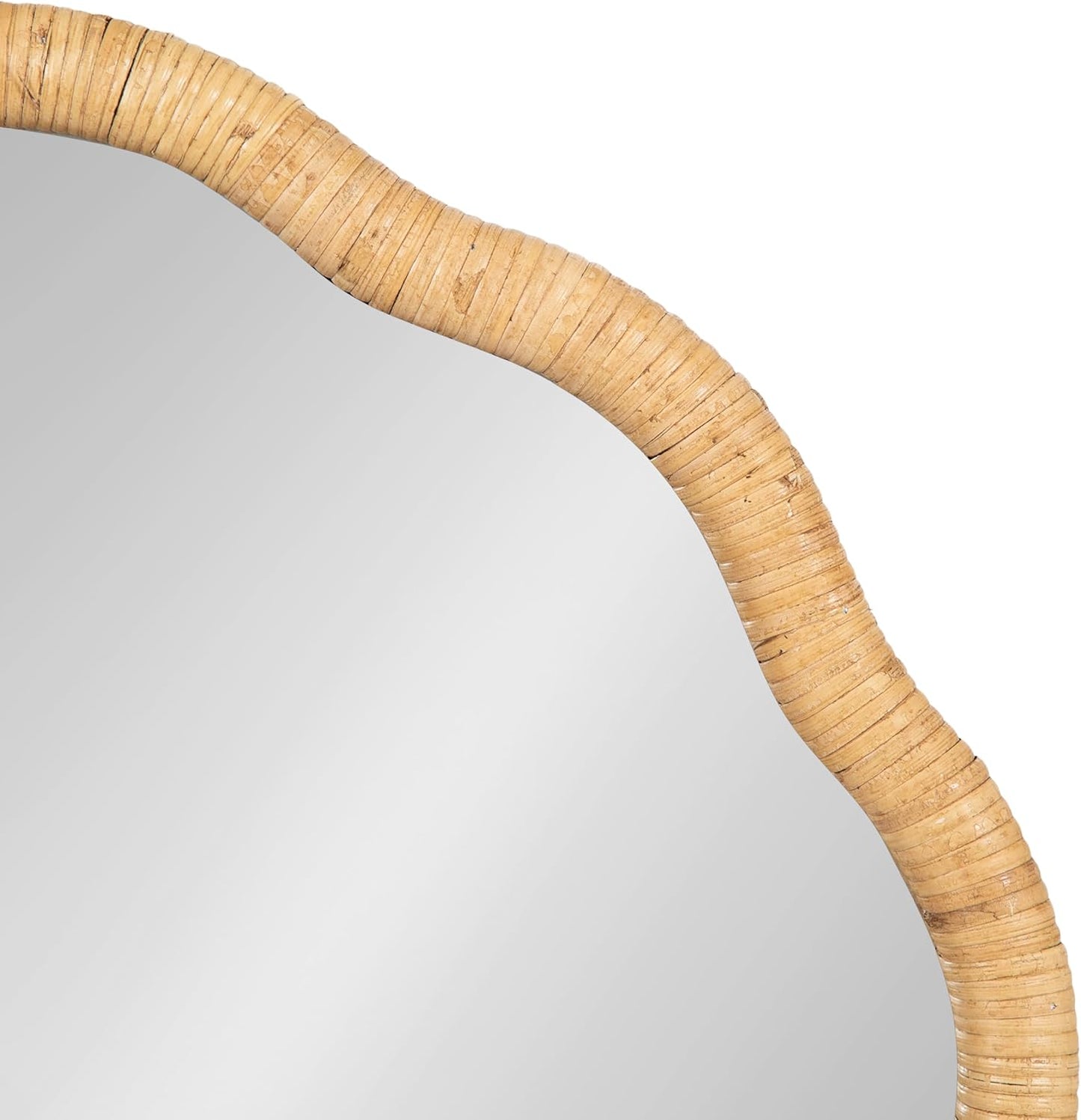 Kate and Laurel Rahfy Boho Scalloped Round Rattan Mirror; 26 Inch Diameter; Natural Wood; Decorative Round Wavy Mirror with Authentic Rattan Frame for Boho Wall Decor