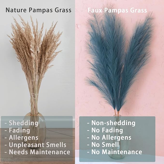 38" 10 Stems Tall Pampas Grass - Faux Fluffy Pampas Grass Tall Navy Blue for Boho Home Wedding Mothers Day Decoration