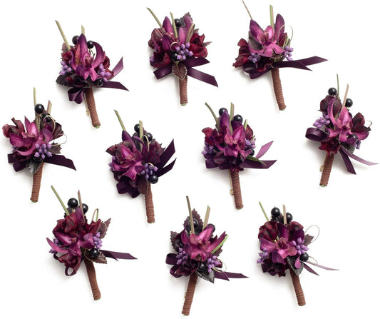 Ling's Moment Boutonniere for Men, 10pcs Groomsmen Guest Boutonniere, Artificial Flowers for Wedding Décor/Prom/Homecoming,etc.Deep Purple