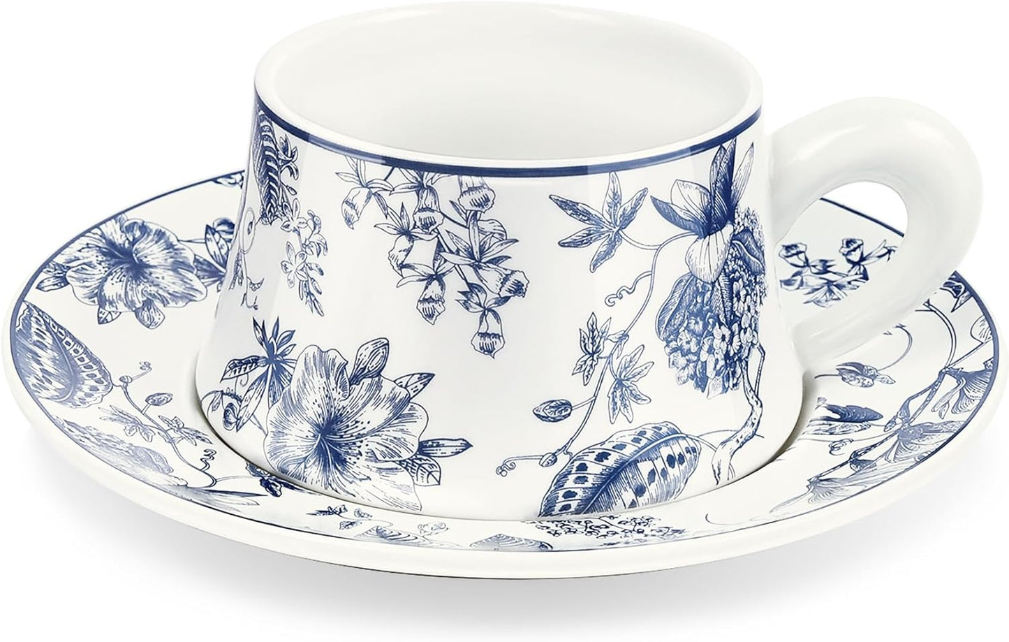 fanquare 8.5oz Blue Floral Coffee Mug, Large Tea Cup with Saucer Porcelain Tea Cups with Thick Handle for Home Office Party, Ceramic Drinking Cups