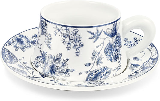 fanquare 8.5oz Blue Floral Coffee Mug, Large Tea Cup with Saucer Porcelain Tea Cups with Thick Handle for Home Office Party, Ceramic Drinking Cups