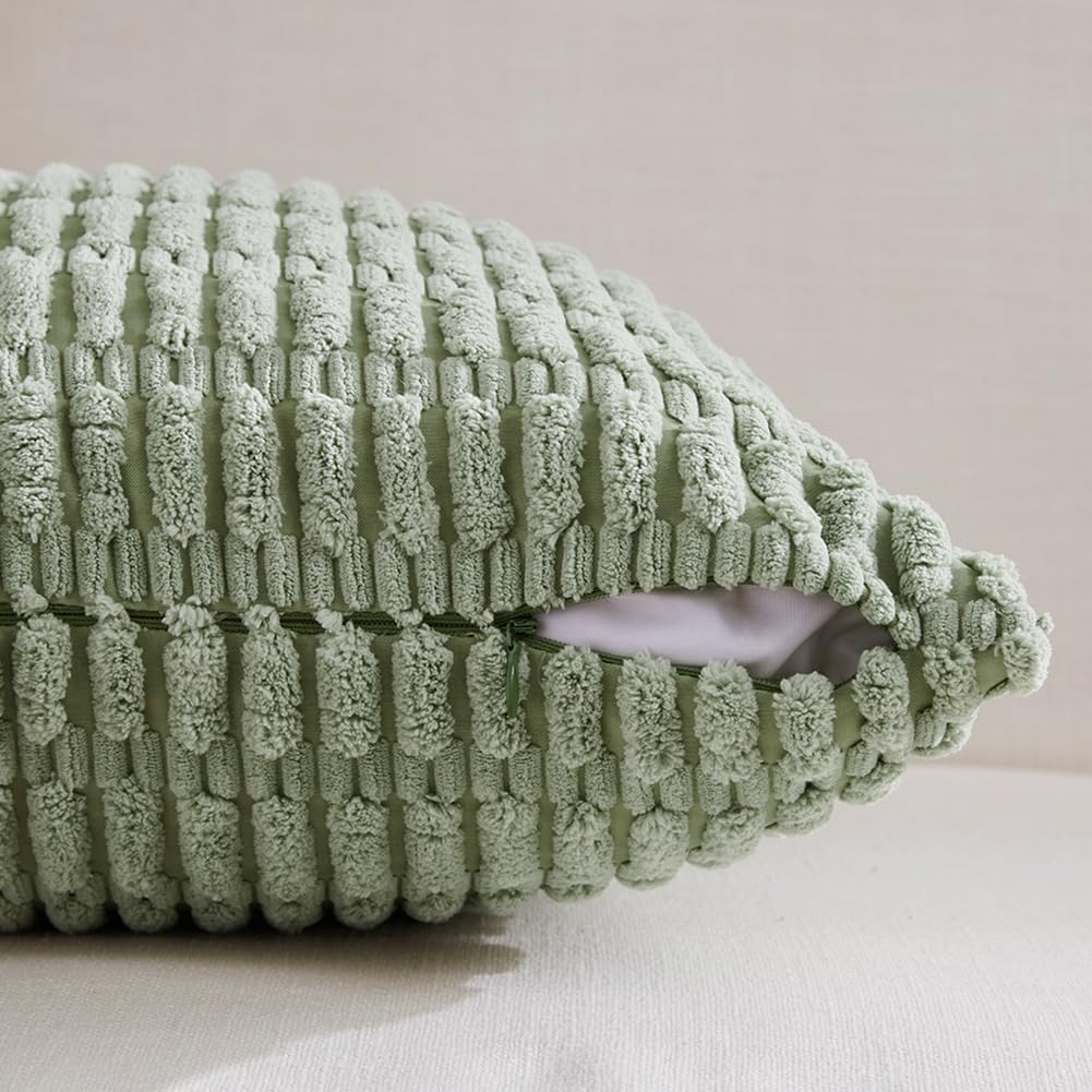 Fancy Homi Sage Green Lumbar Decorative Throw Pillow Covers 14x24 Inch for Living Room Couch Bed Sofa, Rustic Farmhouse Boho Home Decor, Soft Striped Corduroy Rectangle Cushion Case 35x60 cm