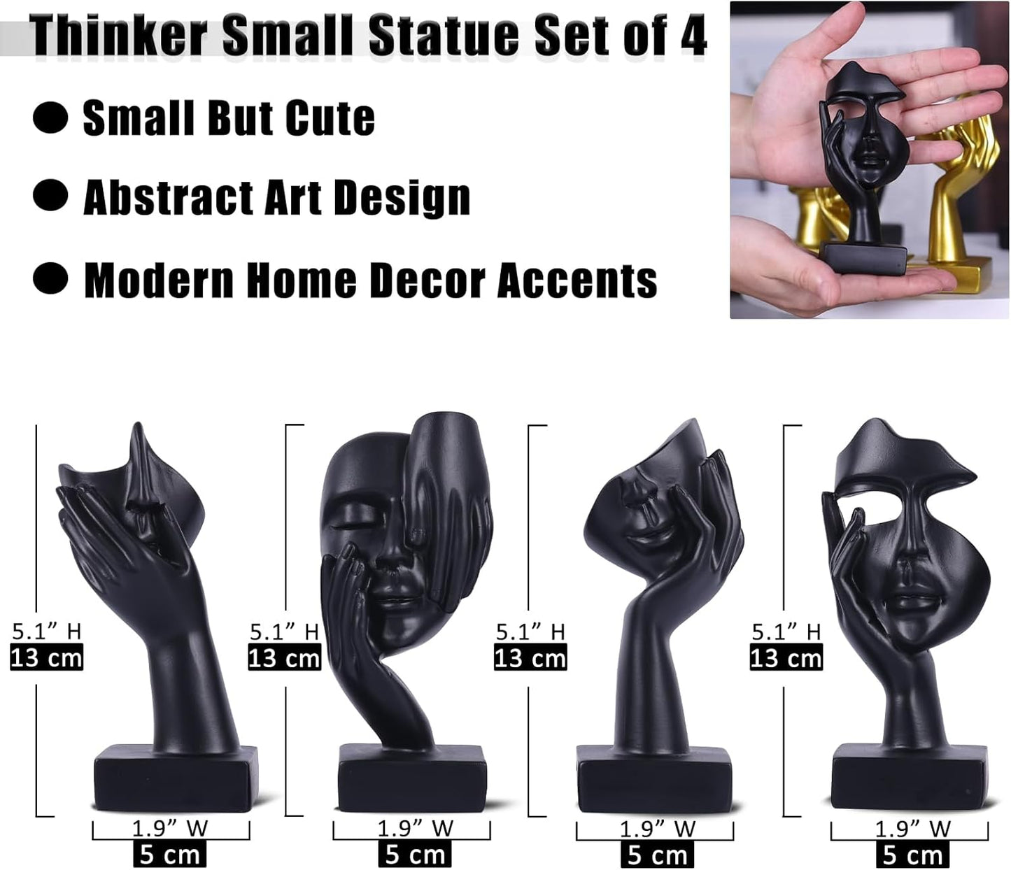 Black Abstract Thinker Figurine Set of 4, Home Art Face Small Statue for Accents Decor Women Bedroom Shelf Bookcase Room Desk, TV Stand, Coffee Table Decor, for Women Art Decor Gifts (Black)