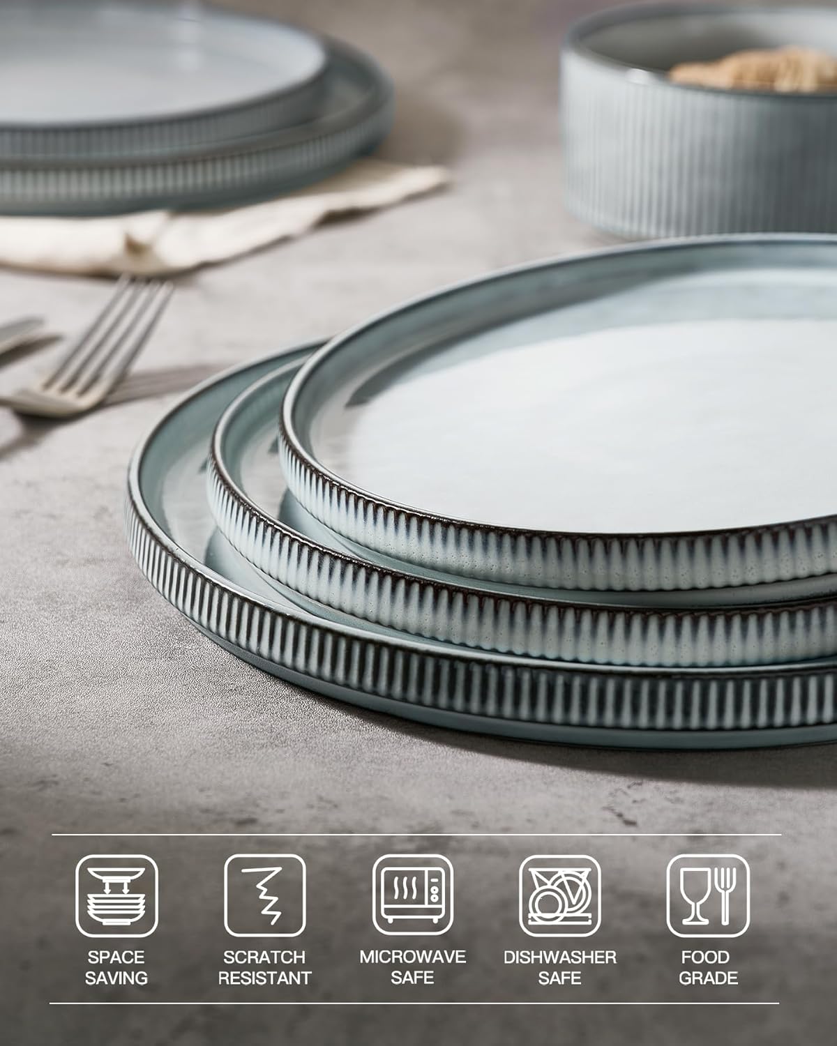 famiware Star Salad Plates for 6, 8 inches Plate Set, Stoneware Dinnerware, Small Dinner Plates for Dessert, Salad, Appetizer, Smoky Blue