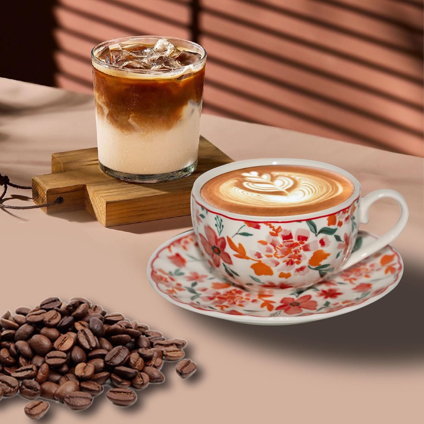 Cups and Saucers Coffee Tea Cups Set of 2 (7.4 oz/ 220ml) Ceramic Cup Espresso Mug with Gold Trim Floral Porcelain Vintage Flower Pattern for Gifts, Gatherings, Receptions,Breakfast, Home