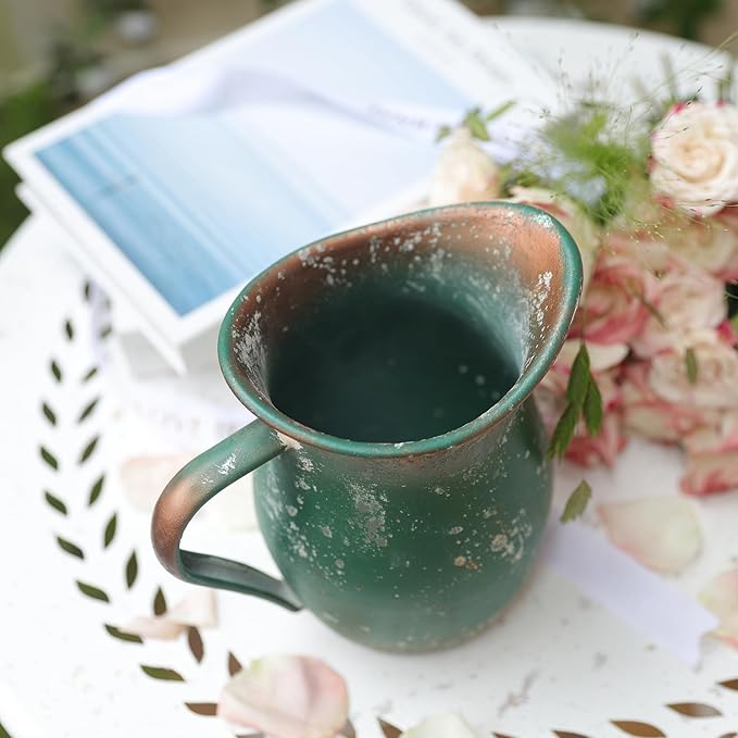 BIG FORTUNE Decorative Pitcher Vase Large Rustic Farmhouse Vase for Flowers Vintage Metal Milk Jug Vintage Decorative Pitcher Kitchen Decorations (Green)