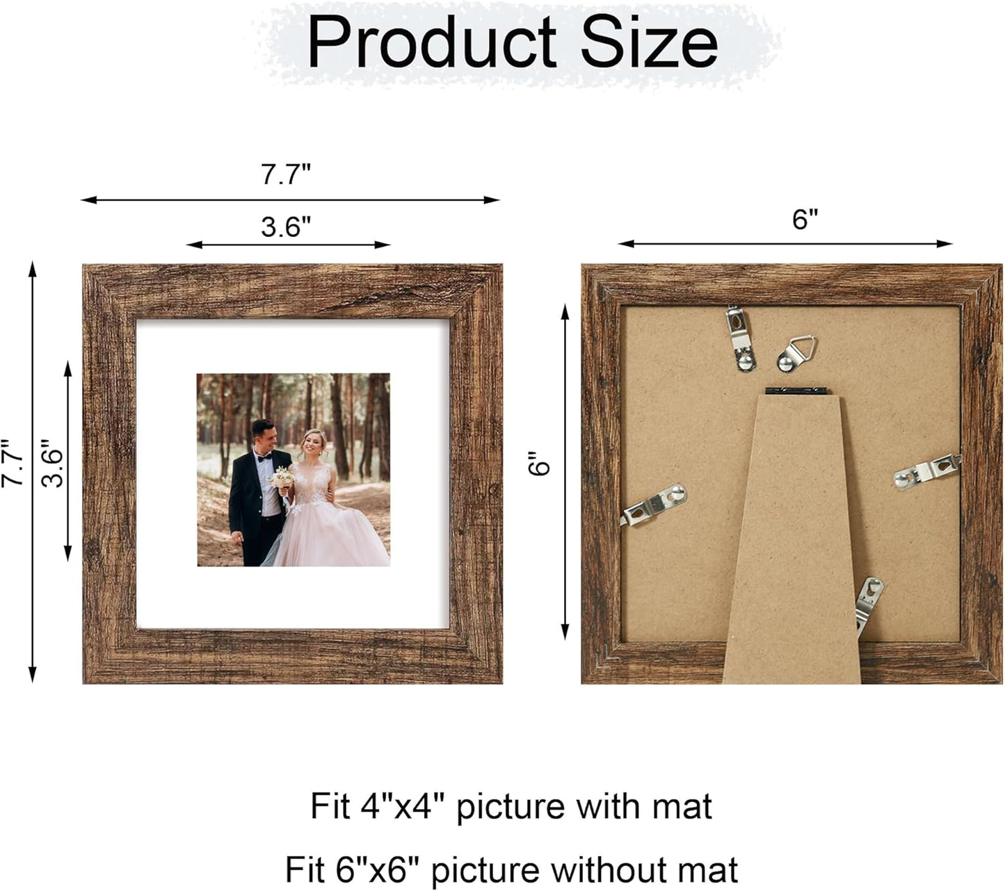 iRahmen 6x6 Picture Frame Set of 4 with Real Glass, Rustic Frames Display 4x4 Picture with Mat or 6 x 6 Without Mat, Wood Square Photo Frame for Wall Mount and Tabletop Display