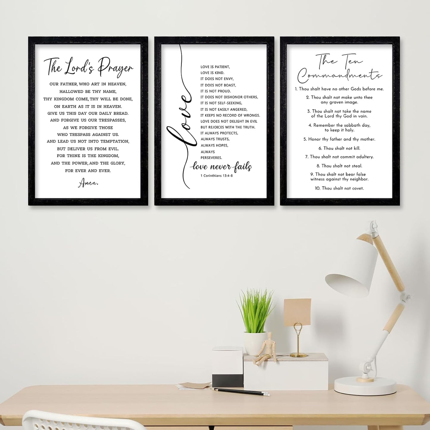 comurdyo Christian Bible Verse Wall Art 16"×11" Set of 3 Positive Religious Minimalist Quotes Sign for Rustic God Jesus Christ Prayer Inspirational Catholic Scripture Decor Wood Framed Hanging (Black)
