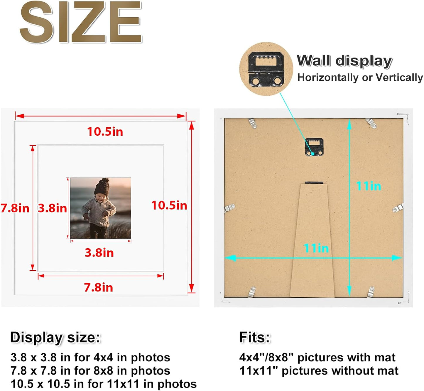 KINLINK 11x11 Picture Frame, White Square Solid Wood Frames for Pictures 4x4 and 8x8 with Mat or 11x11 without Mat, Wall and Tabletop Display Photo Frames White 4 Pack