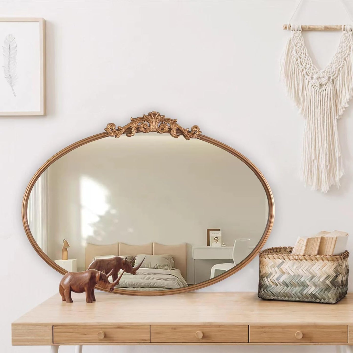 Gold Oval Mirror for Wall,Baroque Fireplace Decor,Brass Wall Mirror,Victorian Vintage with Full Matel Frame,Ornate Entryway/Bathroom/Living Room/Hallway 36''X24'' (XD-004ZM)