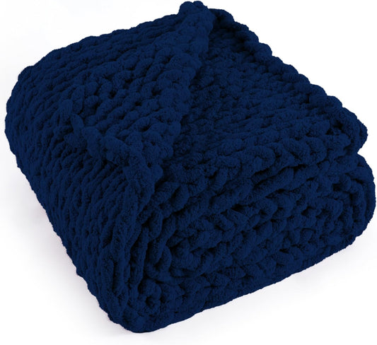 Chunky Knit Throw Blanket 60"X 80", 100% Handmade with Soft Chenille Yarn, 6.7lbs Thick Cable Knitted Blankets, Large Rope Knot Crochet Throws for Couch Sofa Bed Home Decor, Navy Blue