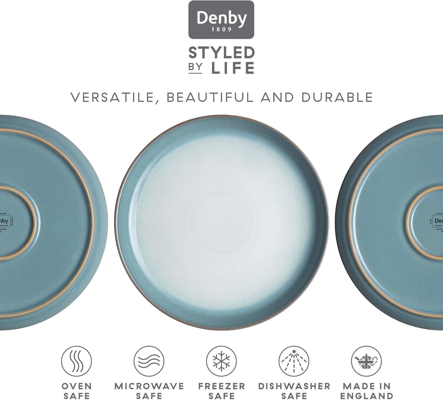 Denby - Azure Haze Coupe Dinner Plates Set of 6-10.25 Inch - Dishwasher Microwave Oven Safe - Reactive Blue Teal Glaze Large Ceramic Stoneware Plates - Scratch Chip Resistant