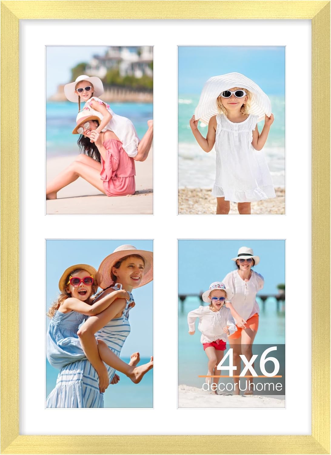 decorUhome 10x14 Picture Frames Collage Wall Decor, Display 4Pcs 4x6 Photos with Mat or 1Pcs 10x14 Unmatted, 4 4x6 Collage Picture Frames for Wall Mounting, Gold