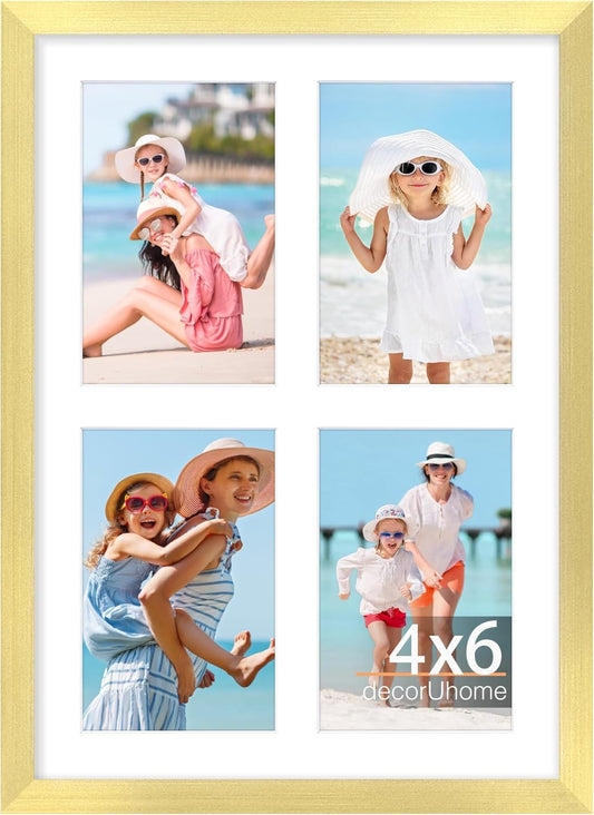 decorUhome 10x14 Picture Frames Collage Wall Decor, Display 4Pcs 4x6 Photos with Mat or 1Pcs 10x14 Unmatted, 4 4x6 Collage Picture Frames for Wall Mounting, Gold
