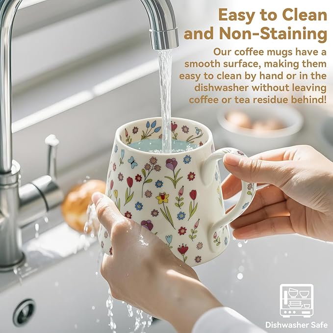 12 oz Ceramic Coffee Mug - Gift for Women & Girls - Cute Pink Coffee Cup w/Unique Design, Perfect for Home, Office, Tea, Latte, Milk - Ideal Present for Friends (Pink)