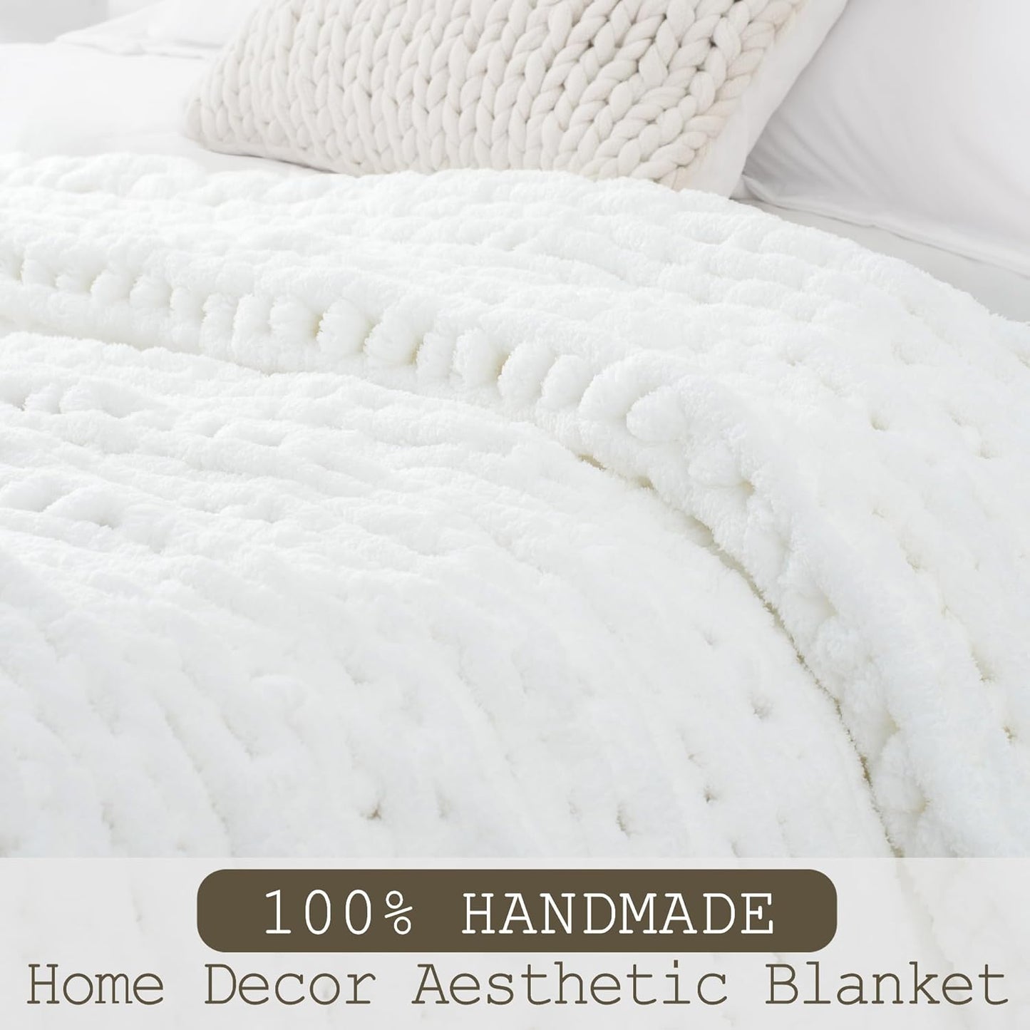 Chunky Knit Throw Blanket 60"X 80", 100% Handmade with Soft Chenille Yarn, 6.7lbs Thick Cable Knitted Blankets, Large Rope Knot Crochet Throws for Couch Sofa Bed Home Decor, Snow White