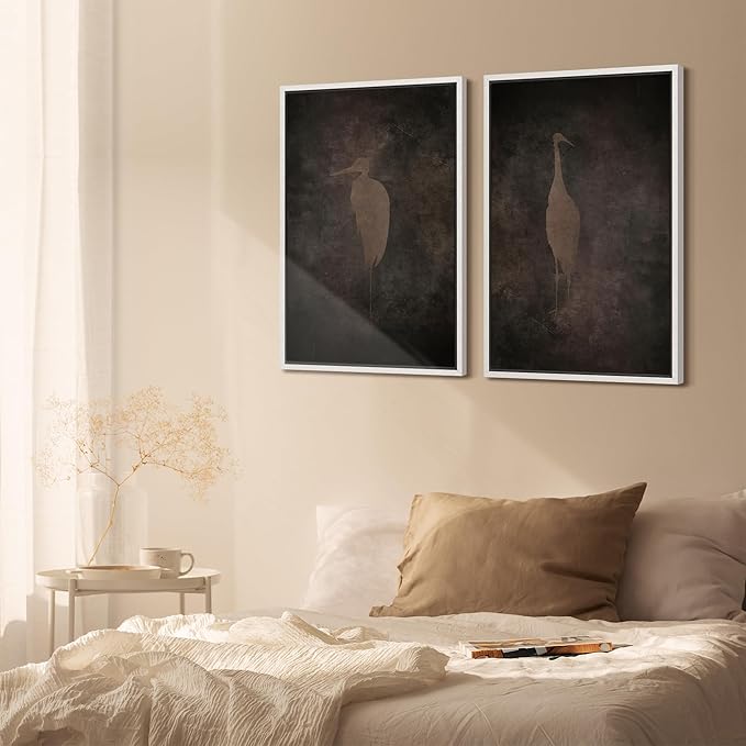 SIGNFORD Framed Canvas Print Wall Art Set Abstract Crane Silhouettes Vintage Dark Tones Illustration Modern Art Decorative Nordic Nature for Living Room, Bedroom, Office - 16"x24"x2 White