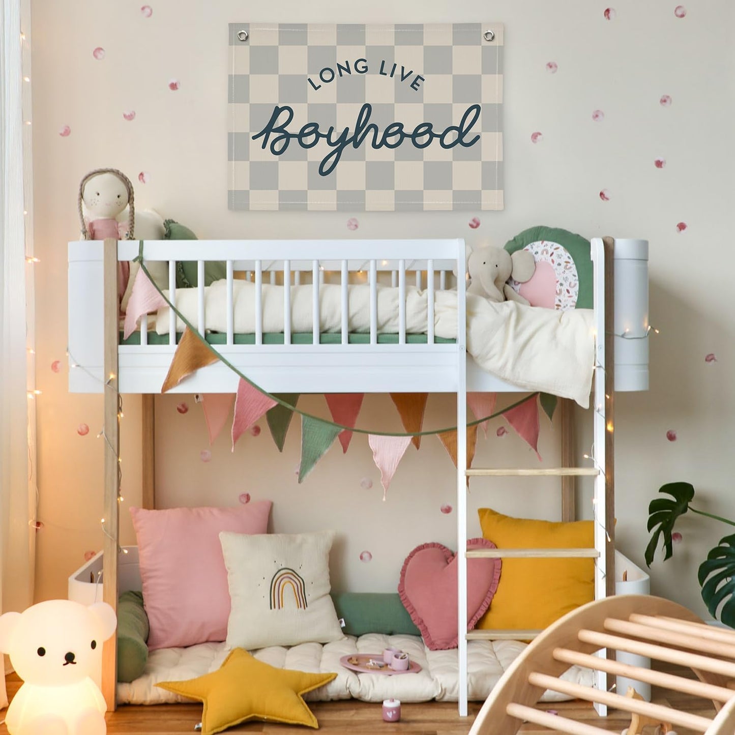 Long Live Boyhood Linen Banner，Vintage Nursery Checkered Flag Boys Room Decor，Decor Nursery Playroom Wall Decor for Kids Bedroom Dorm,Toddler Decorations Trendy Room Decor,Gifts for Teen boyroom