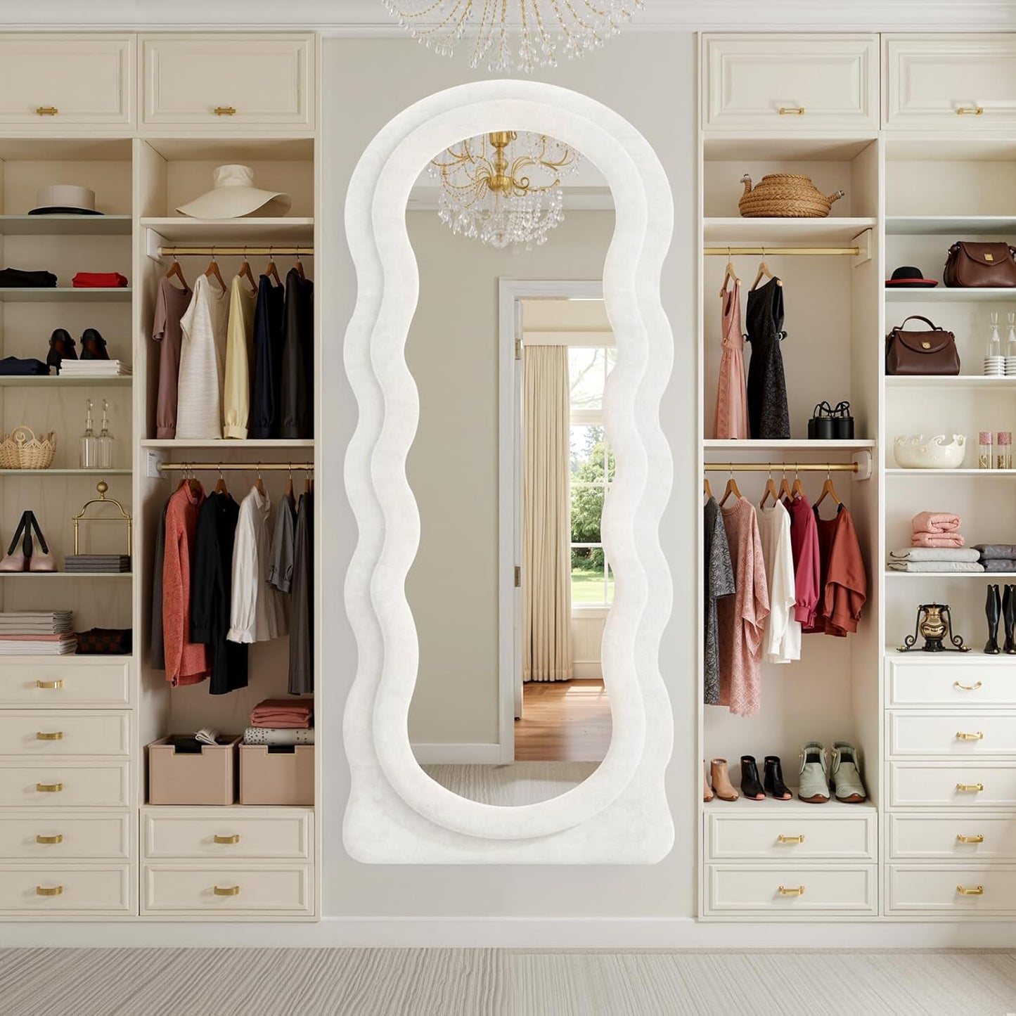 Full Length Mirror 71"x30" Arched Wavy Full Body Wall Mounted Floor Mirror Ivory Flannel Frame Leaning Hanging Wall Mirror for Bedroom Entrance