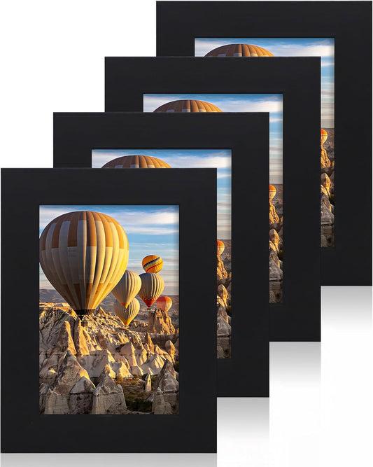 iRahmen 4x6 Picture Frame Set of 4, High Definition Glass Black Picture Frame, 4 x 6 Wood Photo Frames for Horizontal or Vertical Display Tabletop and Wall Mounting