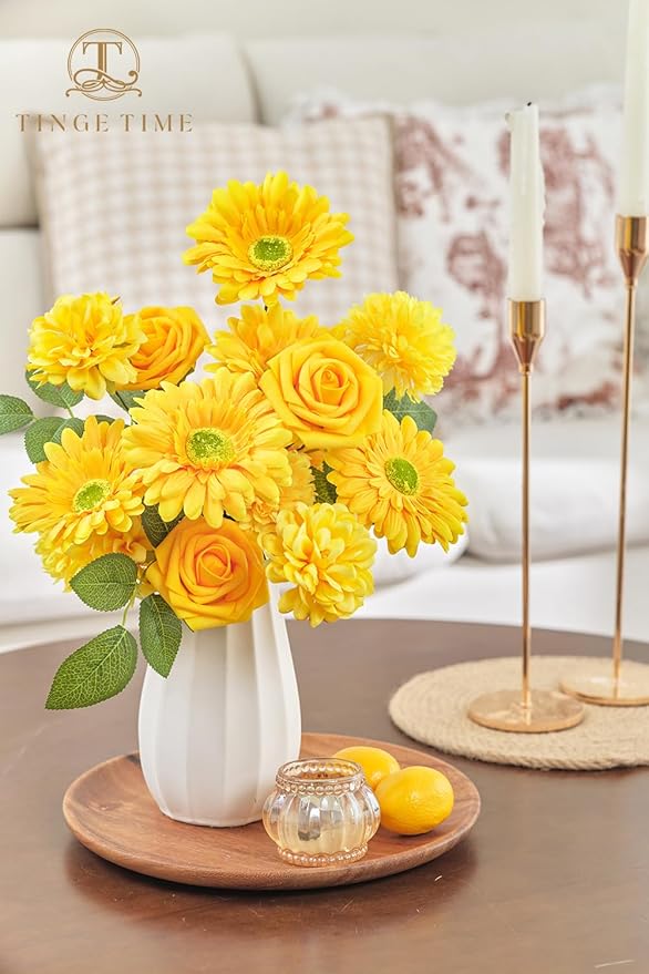 TINGE TIME Artificial Flowers Combo Box Set, Bright Yellow Gradient Color Fake Flower Leaf with Stems for DIY Wedding Bouquets Table Centerpieces Baby Shower Home Party Floral Arrangements Decorations