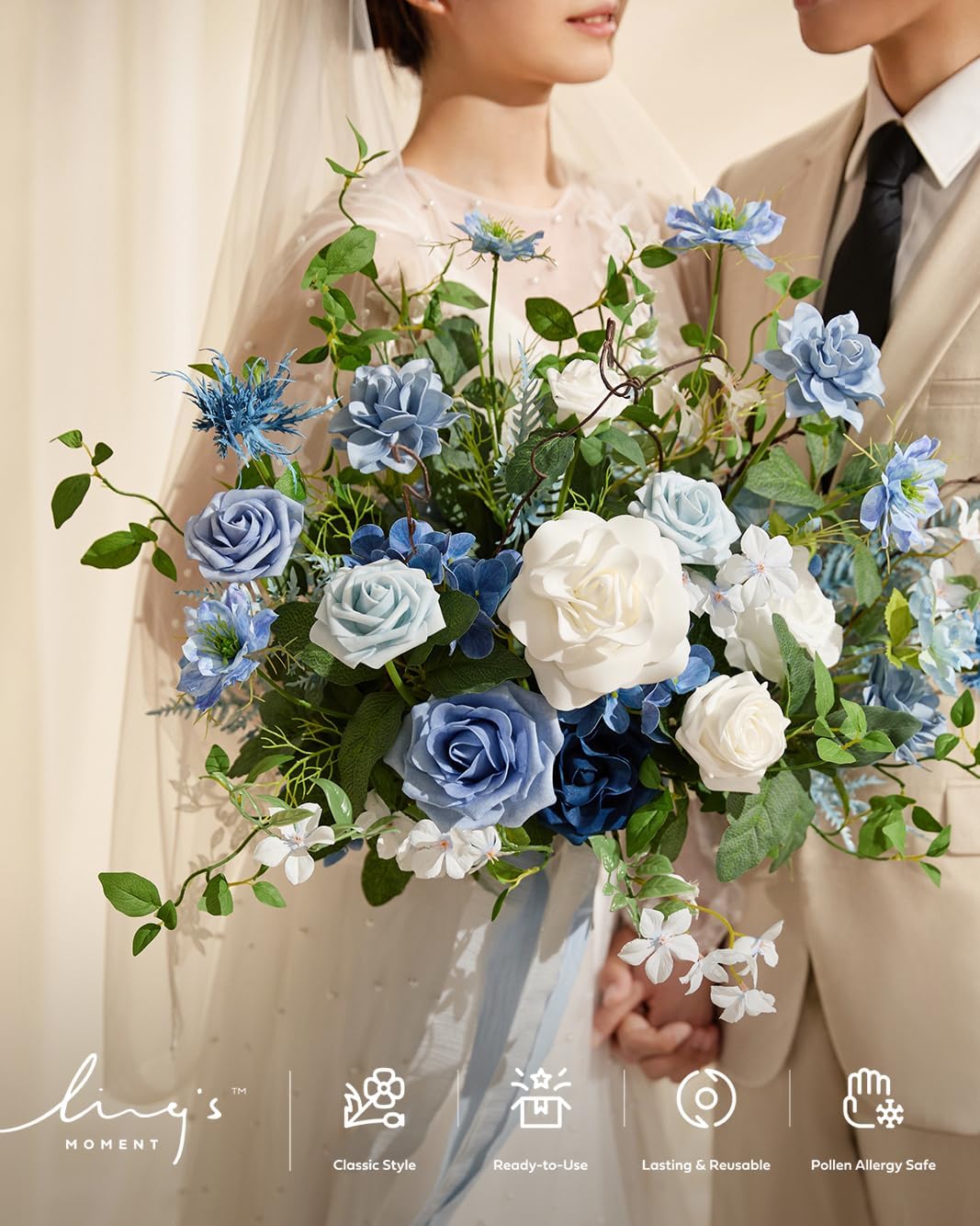 Ling's moment Dusty Blue Wedding Bouquets for Bride, Blue and White Bridal Bouquets for Bride,15 Inch Free Form Artificial Wedding Flower Bouquet