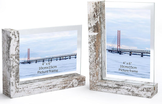 Lavezee 4x6 Picture Frames Set of 2, Double Sided Frame with Distressed White L Shaped Holder Stand for 4 by 6 Photo Art, Desktop or Tabletop Decor