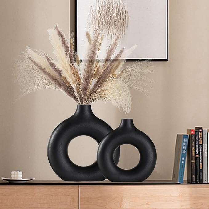 Black Ceramic Vase for Modern Home Decor, Round Matte Pampas Flower Vases Minimalist Nordic Boho Ins Style for Wedding Dinner Table Party Living Room Office Bedroom, Decorative Gift
