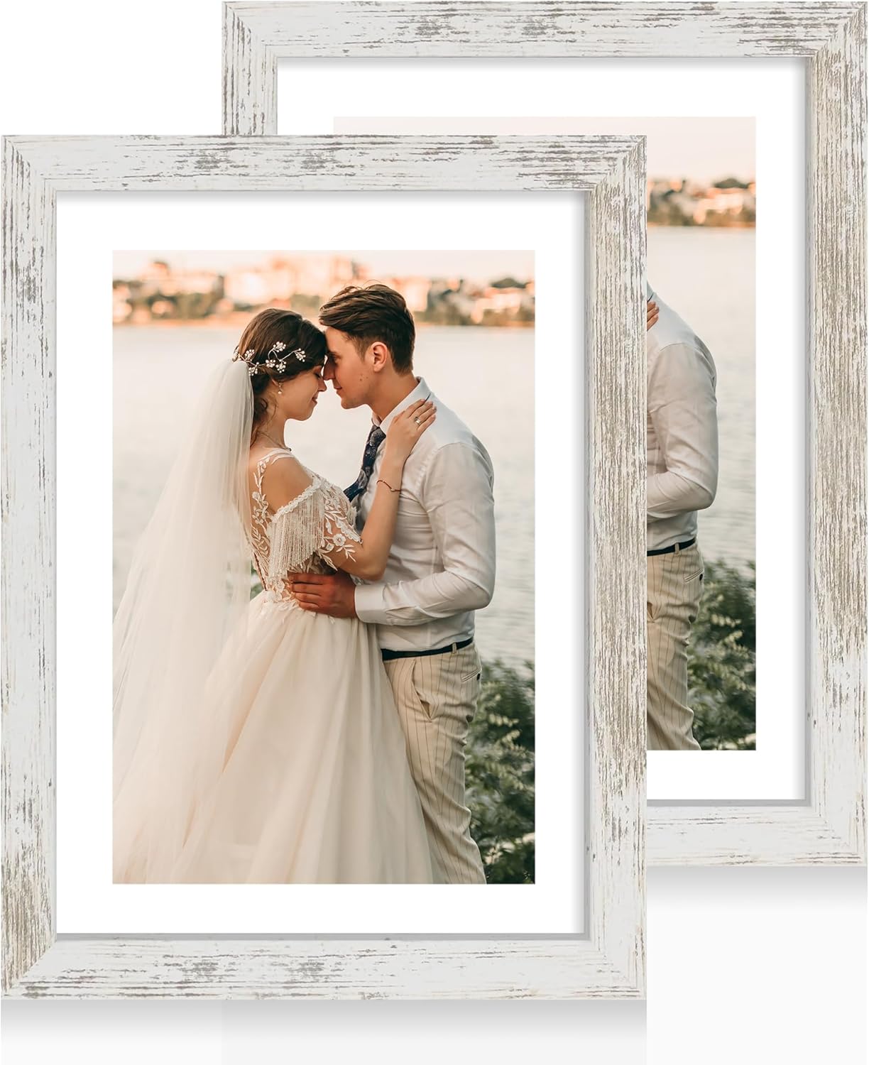 iRahmen 10x14 Picture Frame Set of 2 with Tempered Glass, Distressed White Wood Photo Frames Display 8x12 Picture Frame with Mat or 10 x 14 Without Mat for Horizontal or Vertical Wall Mounting
