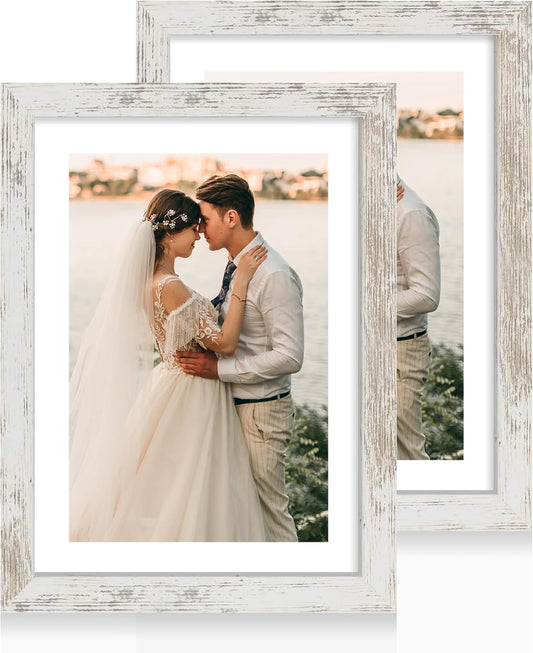 iRahmen 10x14 Picture Frame Set of 2 with Tempered Glass, Distressed White Wood Photo Frames Display 8x12 Picture Frame with Mat or 10 x 14 Without Mat for Horizontal or Vertical Wall Mounting