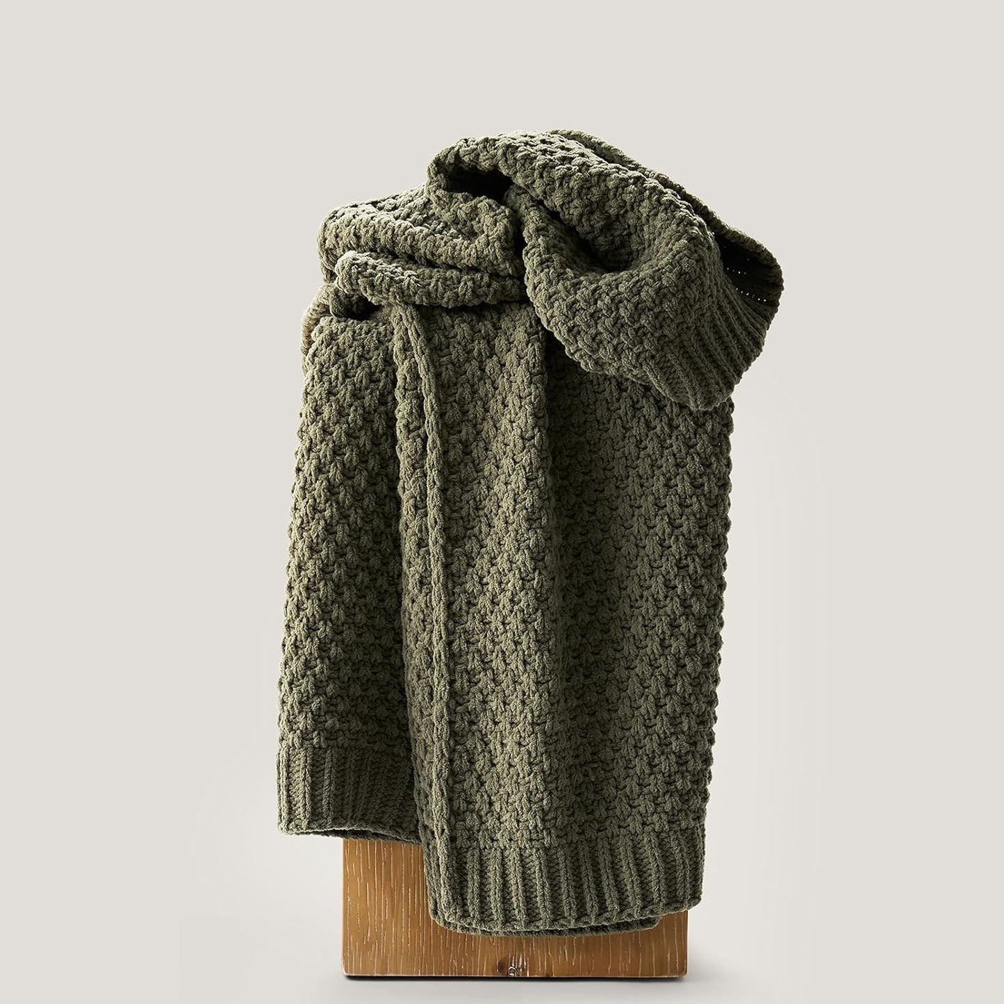EVERGRACEHOME Chunky Chenille Knit Throw Blanket for Couch, Soft Luxurious Moss Stitch Blankets for Bed, Cozy Decorative Farmhouse Knitted Throws for Sofa, Olive Green, 60" x 80"